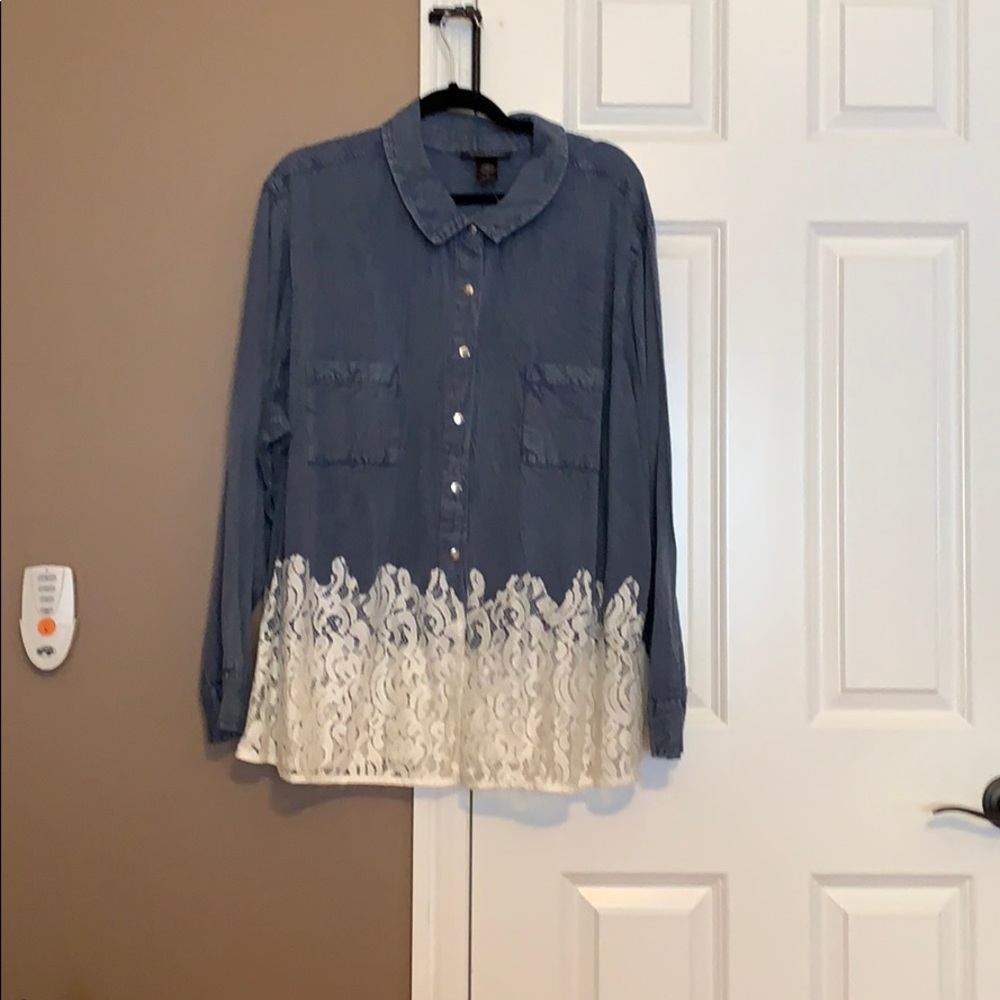 Ashley Stewart denim lace bottom blouse